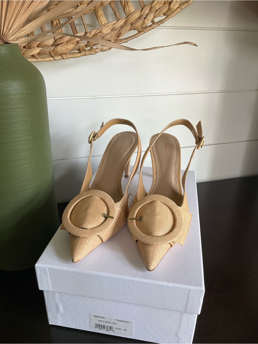 Beleve Raffia Slingback Pointed-Toe Heels with Circular Buckle